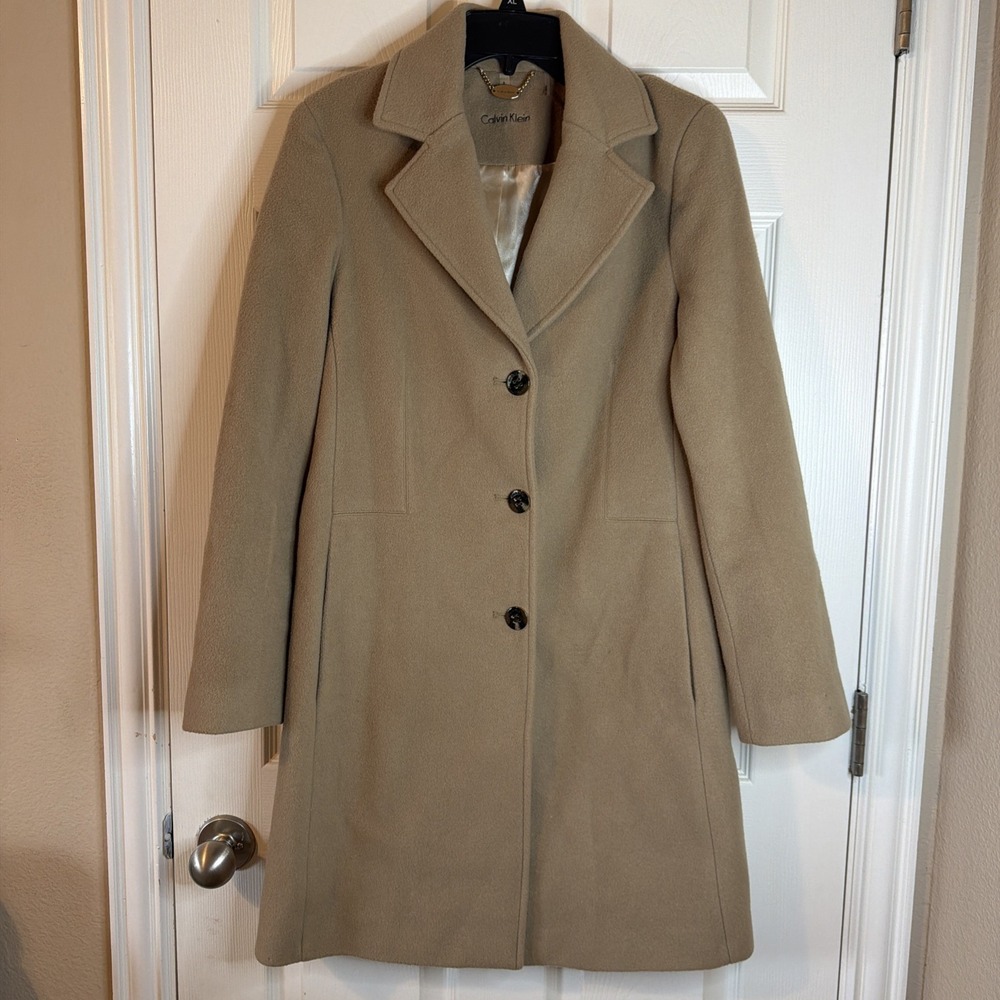 Calvin Klein Women's Camel Mid-Length Wool Blend Lined Overcoat Pockets Sz 8 - Picture 2 of 14